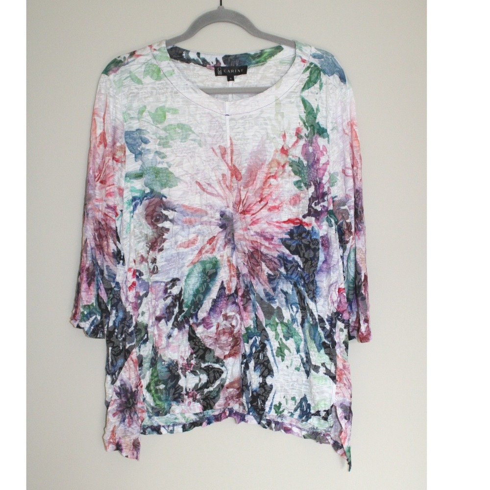 Carine Floral Print 3/4 Sleeve Top Multi Color Knit Tropical Boho Shirt Top Sm